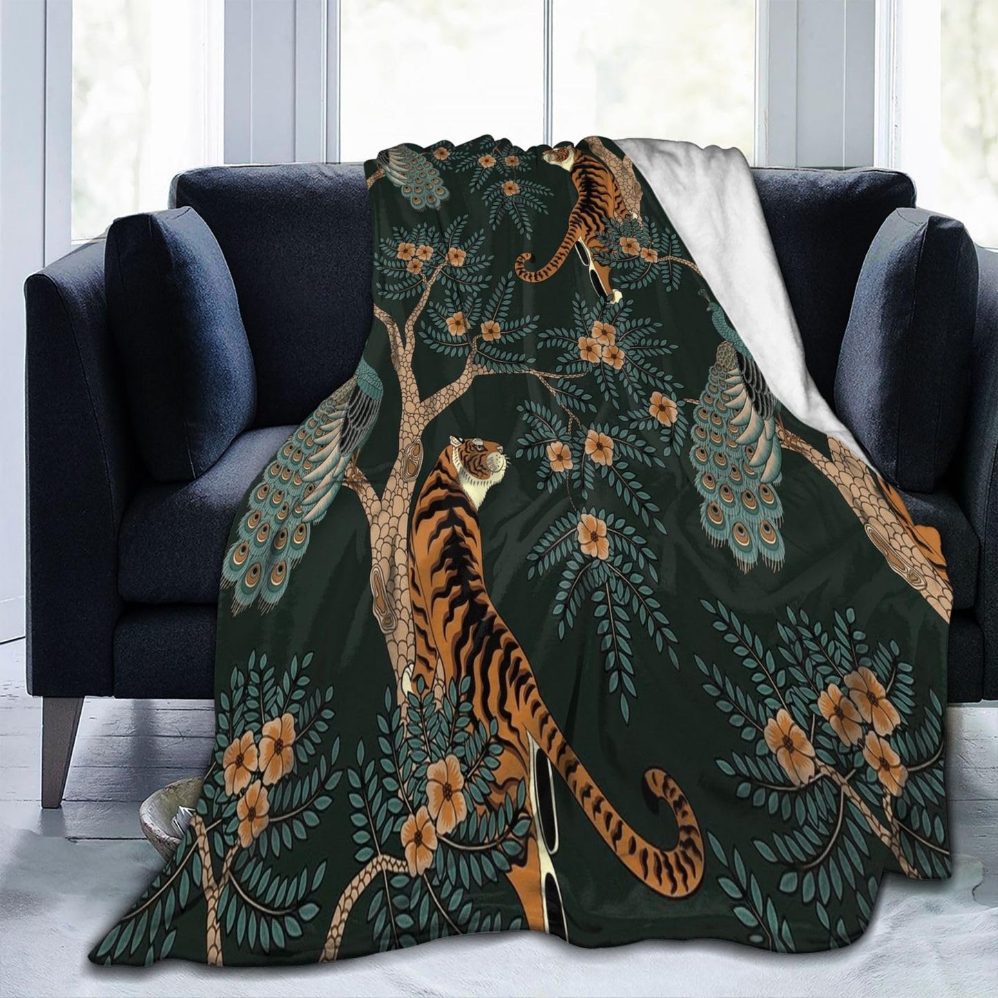 Tiger and Peacock Throw Blanket 50"X40" Lightweight Flannel Throws Blankets for Couch Bed Sofa Living Room Bedroom Home Decor,Soft Cozy Fluffy Fuzzy Plush Blanket for All Season