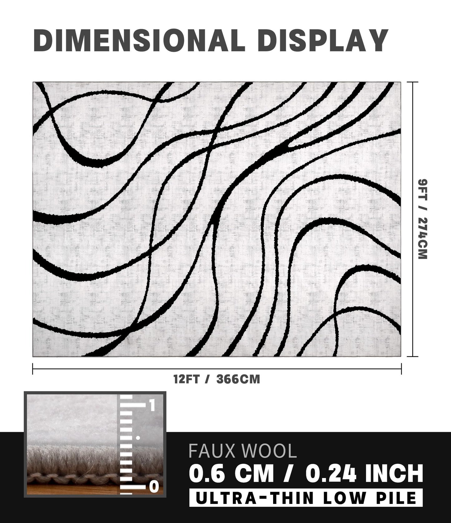 YIHOUSE Modern Area Rugs for Living Room, 9x12 Washable Black and White Rug, Thin Abstract Geometric Striped Rug, Area Rug for Bedroom,Kitchen,Dining Room,Office