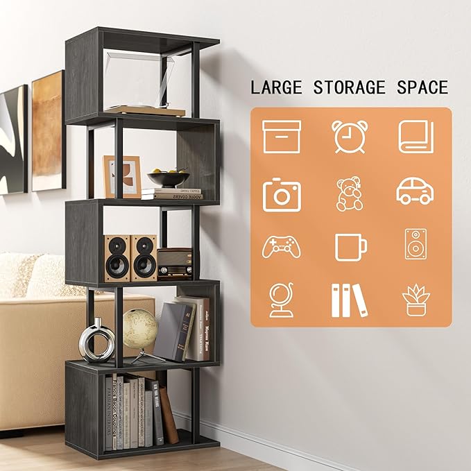 Furologee 6 Tier Bookshelf Tall Geometric Bookcase, S Shaped Industrial Display