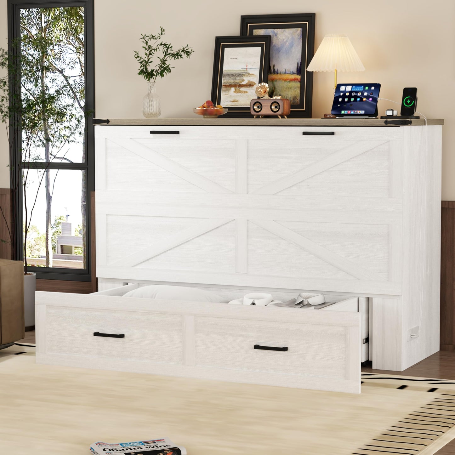 BOVTE White Farmhouse Queen Murphy Cabinet Bed with Charging Station, Foldable Platform & Large Storage Drawer for Guest Rooms