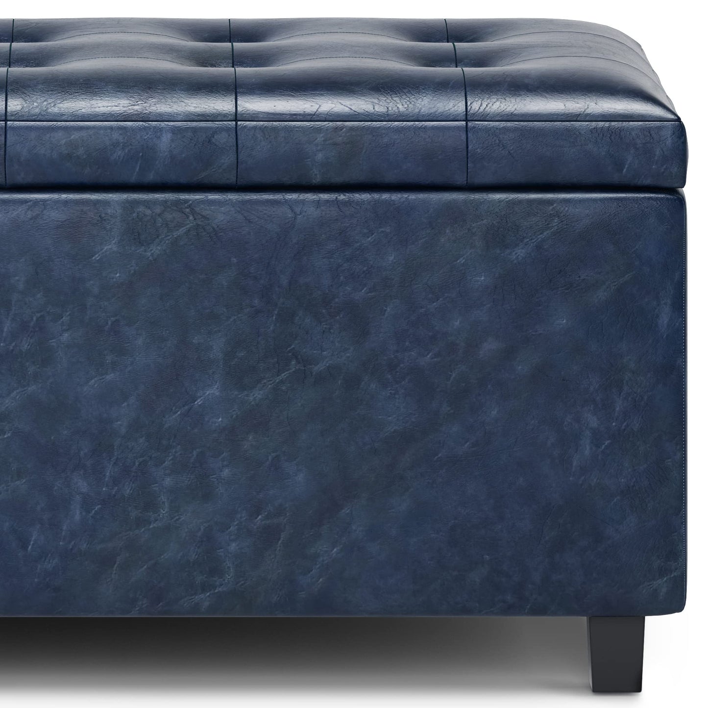 SIMPLIHOME Cosmopolitan Storage Ottoman - 34 inch Wide Upholstered Vegan Leather Rectangle Storage Ottoman Bench in Denim Blue, Transitional Tufted Ottoman for Living Room or Entryway with Lift-Up Lid