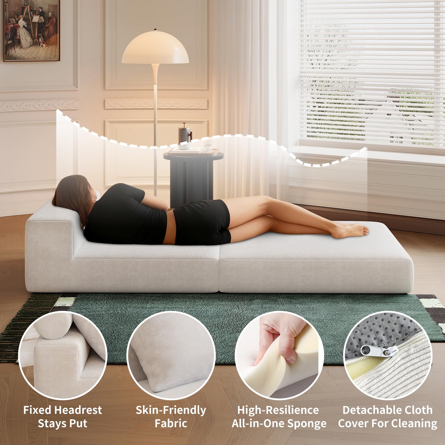 Lumbershed Folding Sofa Bed, 3-in-1 Convertible Sleeper Chair Bed with Pillows, Foldable Floor Couch with High-Density Foam, Futon Small Boneless Couch for Living Room Bedroom Lounge, Single, White