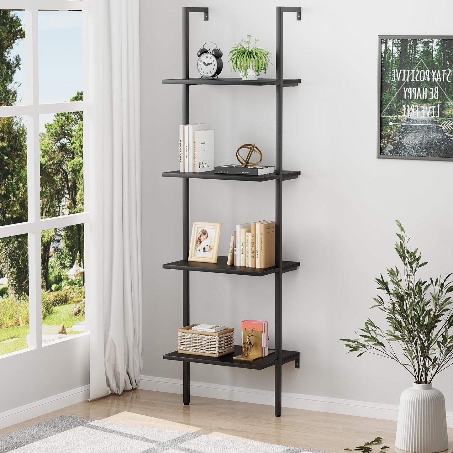 Ladder Shelf 4 Tiers Metal Industrial Bookshelf,Black Wooden Tall Open Storage Rack and Display Shelves,Wall Mount Wide Book Case for Home Office Bedroom,Small