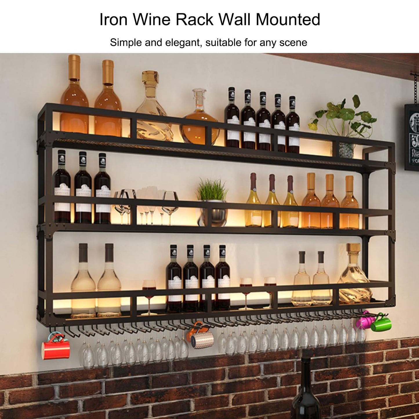 GBRMZOP Wall Mounted Wine Rack with LED Light Floating Bar Shelf & Liquor Bottle Display Kitchen Wall Shelf with Hanging Wine Glass Rack Stylish Home Bar & Cafe Decor (Black)