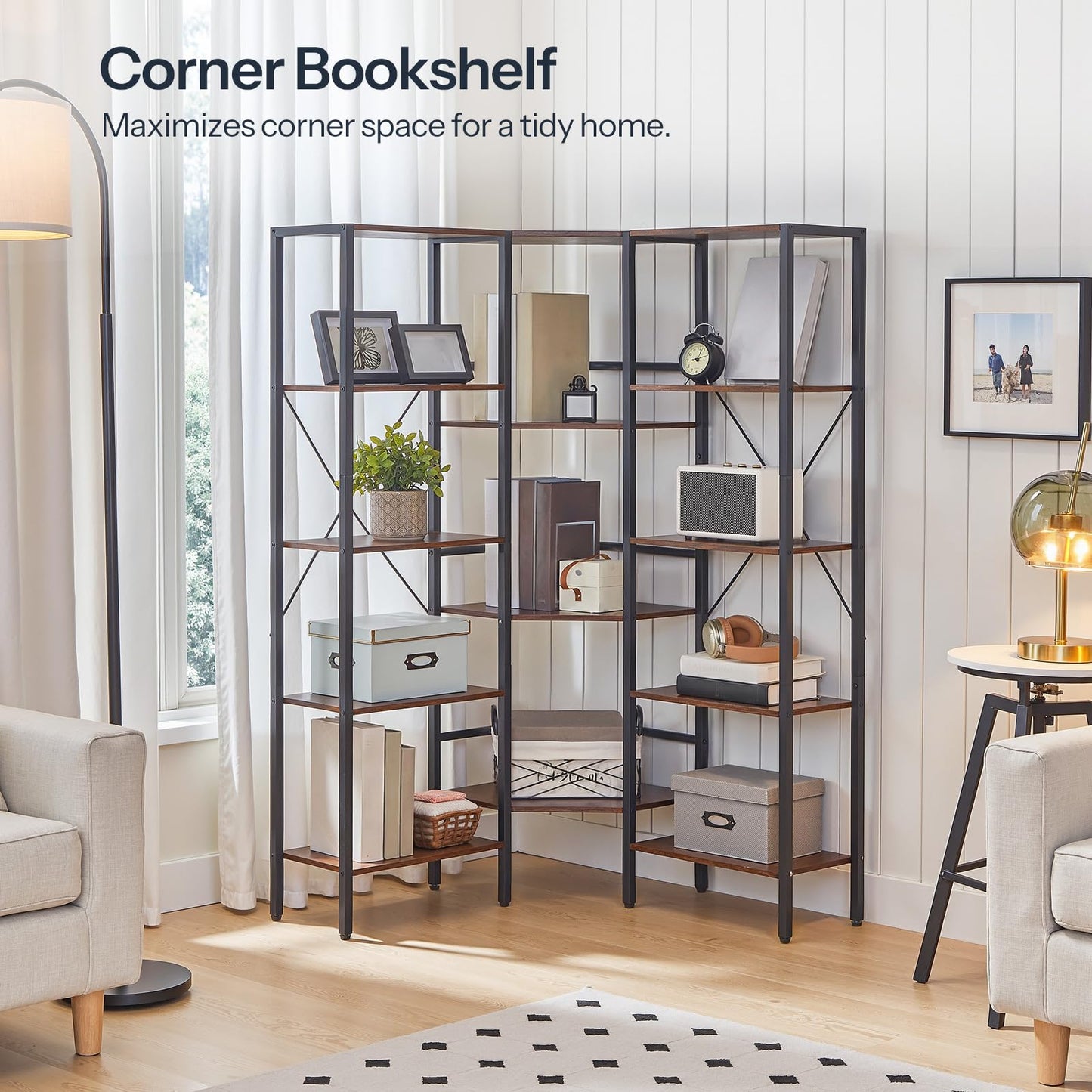 HOOBRO Industrial Corner Bookshelf, 5-Tier L-Shaped Bookcase, Open Display Storage Rack, Floor Standing Storage Shelf, for Living Room, Bedroom, Home Office, Rustic Brown and Black BF68SJ01
