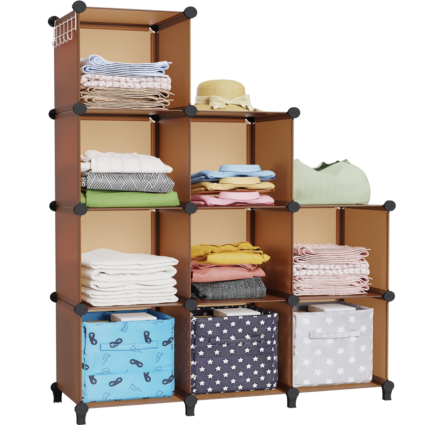 HOMIDEC Closet Organizers and Storage, 9 Cube Storage Organizer Cubes, Portable Closet Organizer Shelves for Clothes, Bedroom, Wardrobe, Kids Room, Bathroom, Brown