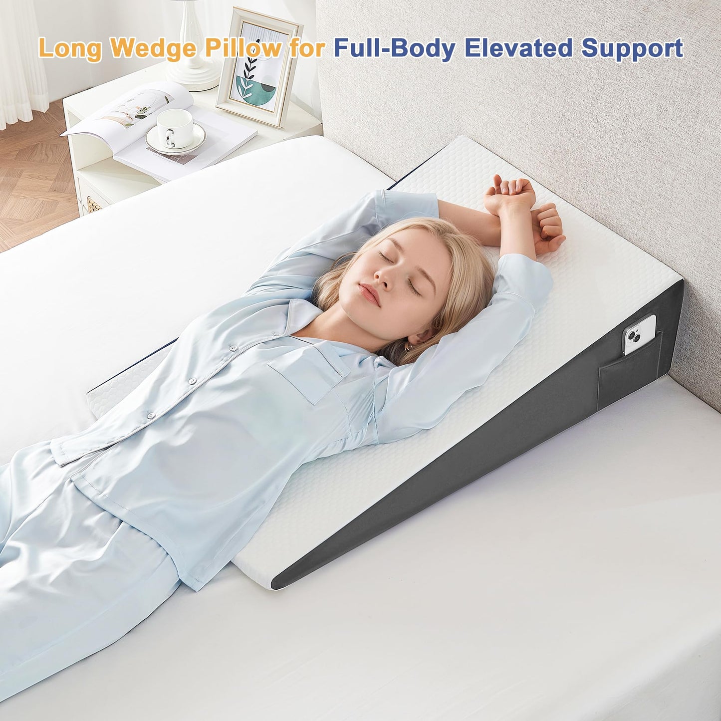 Yojoker Extra-Long Wedge Pillow, 34" Bed Incline Cushion for Sleeping, Back & Arm Support, After Surgery, Acid Reflux, Snoring Relief, Foam Triangle Pillow, Removable Washable Cover, 5" White Gray