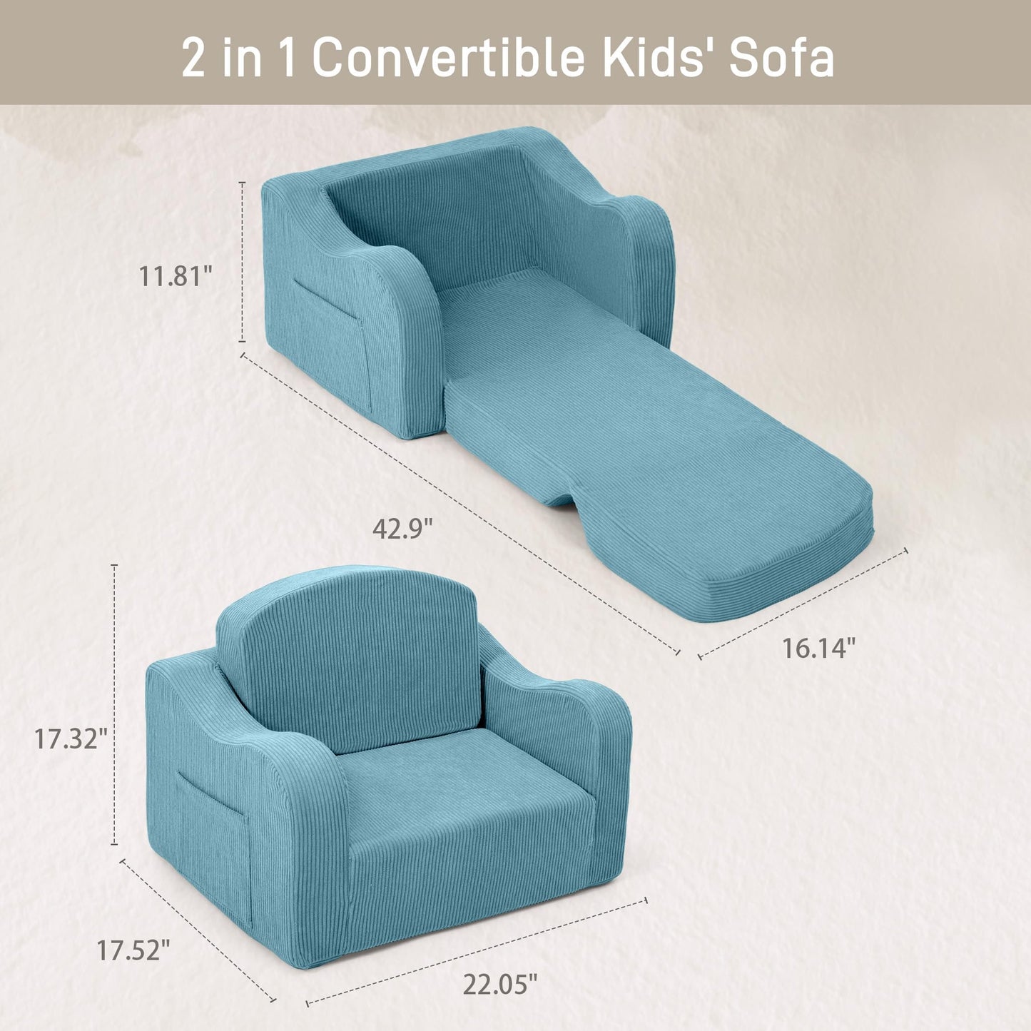 aodisman 2-in-1 Kids Chair and Couch, Thick Cozy Corduroy Kids Sofa, Convertible Foam Seating for Reading, Playing, Removable Washable Cover,Blue