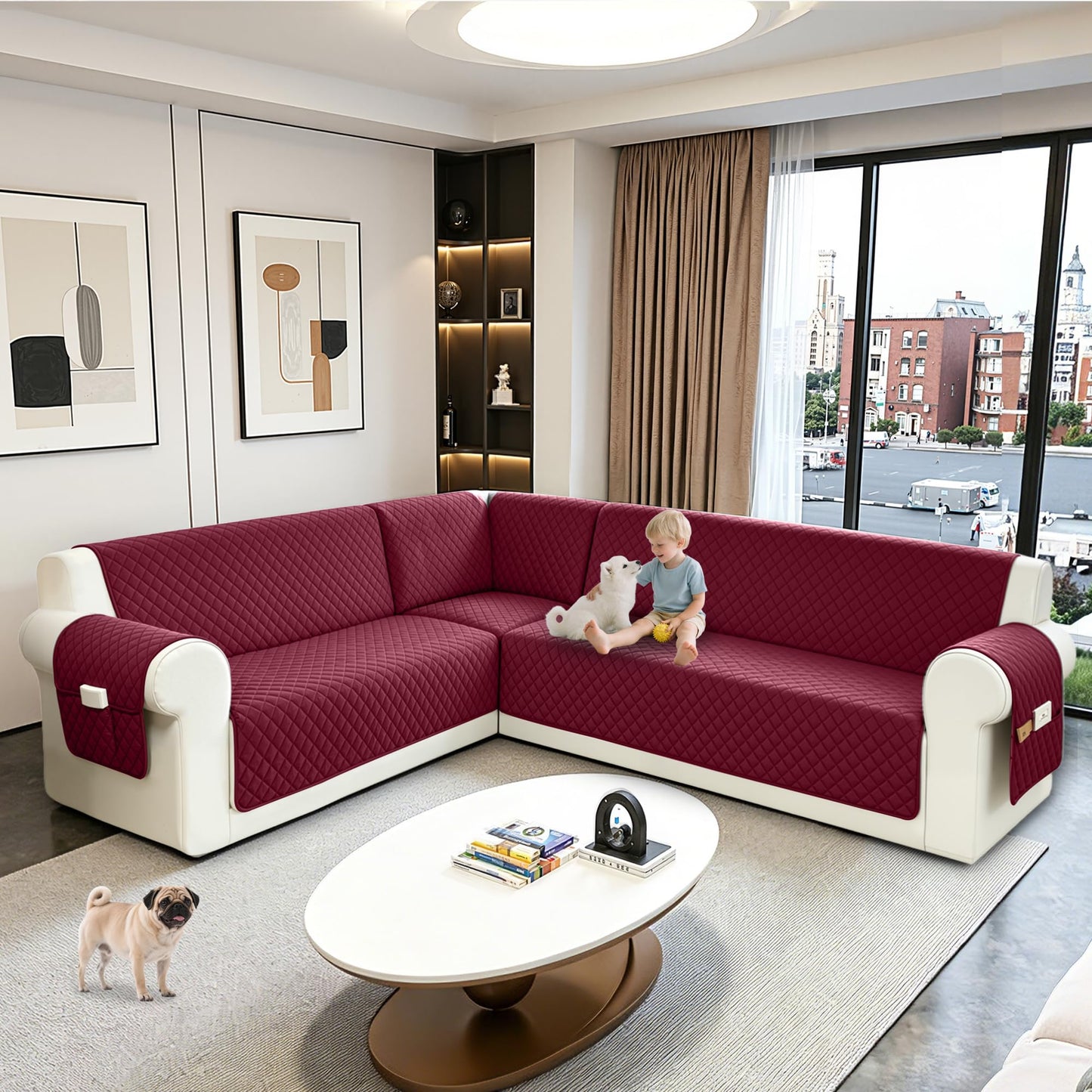 SYJOVIA Sectional Couch Covers for Dogs 100% Waterproof Corner L Shaped Sofa Cover Pet Friendly Velvet Washable Anti Slip L Shape Modular Sofa Slipcover Protector with Pockets (Red, X-Large)