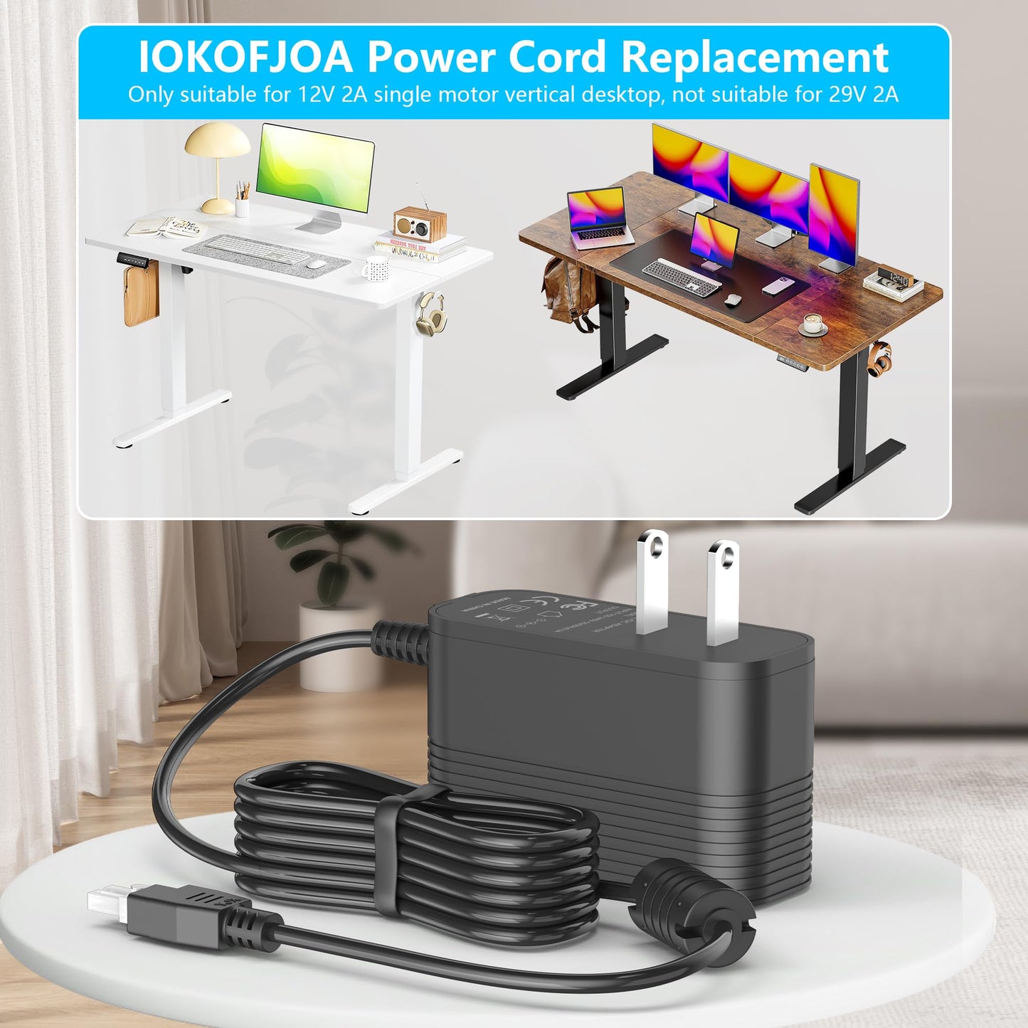12V 2A Power Cord for Adjustable Electric Standing Desk Only Replacement for 12V Standing Desk Single Motor Power Supply, Max 24W-Not for 29V