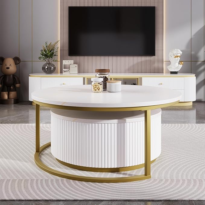 27.6" Modern Round Nesting Coffee Table Fluted