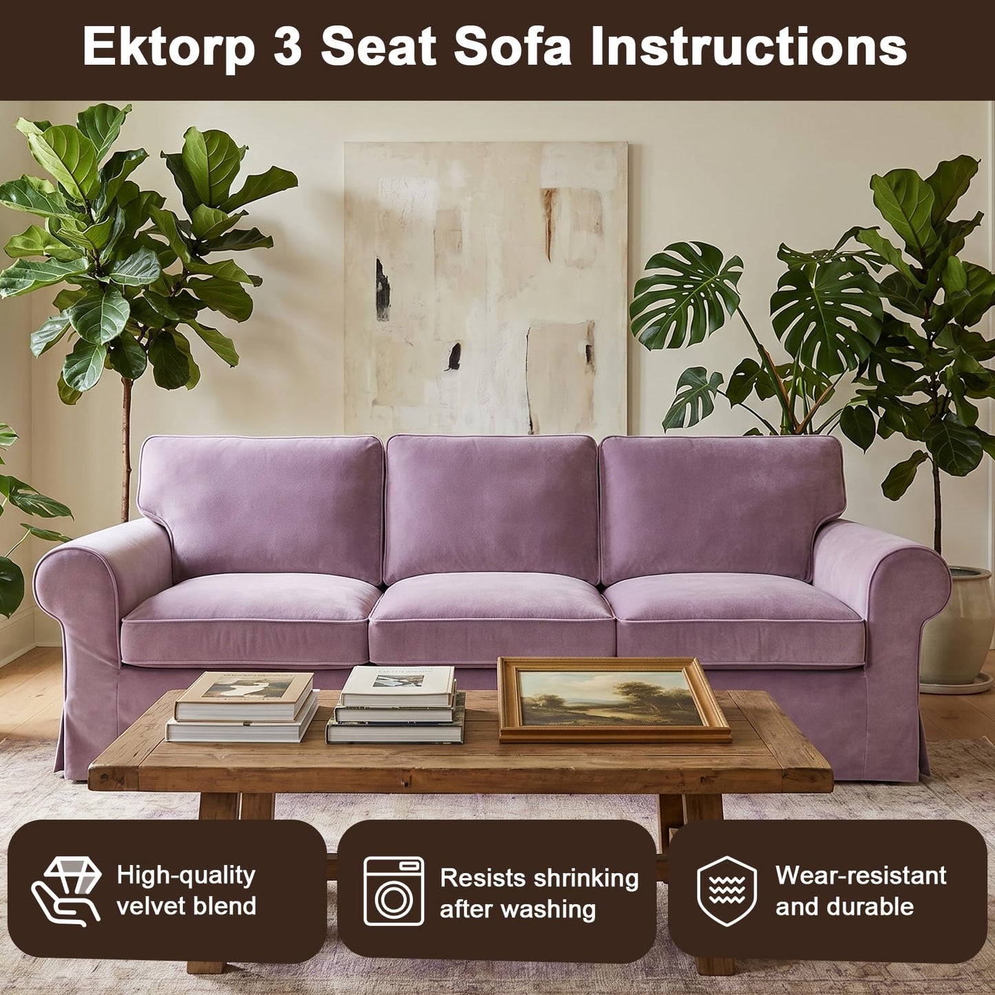 Velvet Pet-Friendly Replacement Sofa Cover Compatible for IKEA Ektorp 3 Seat Sofa Slipcovers, Couch Cover Only, 7-Piece Slipcover, Pink, Couch Cover Not Include The Sofa Body