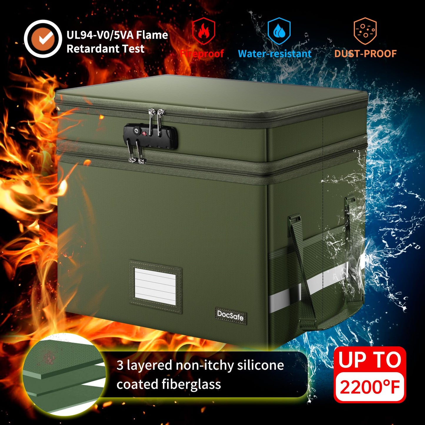 DocSafe File Box with Lock,Multi-Layer Fireproof Document Box Collapsible File Storage Organizer with Pockets/Handle,Portable Home Office Filing Cabinet for Hanging Letter/Legal Size Folders,Green