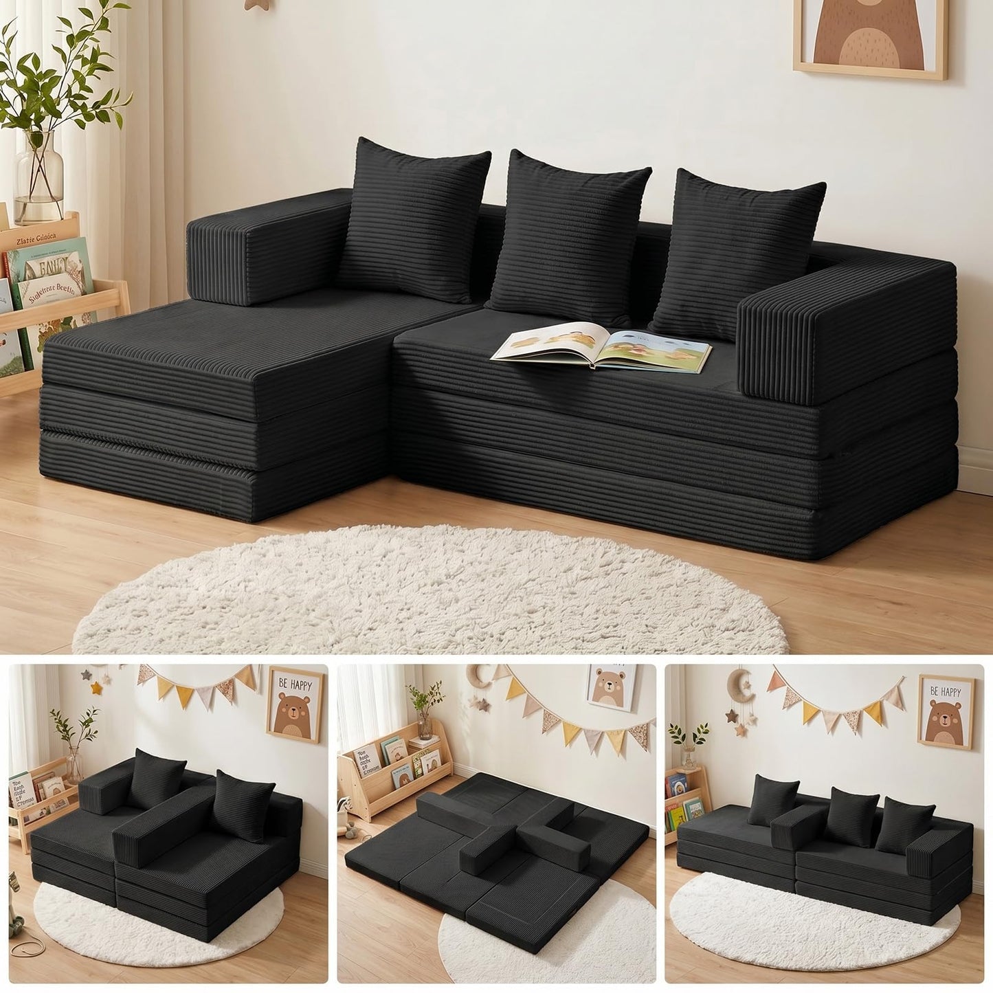 Ziydily Boneless Couches for Living Room, L Shaped Couch with Chaise, 4-in-1 Comfy Corduroy Fluffy Sofas, Mini Flexible Module Combination Compact Room Couch, No Assembly, Black