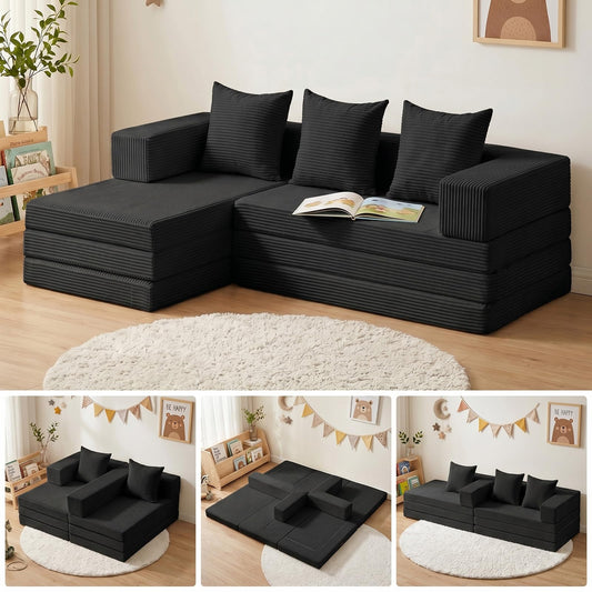 Ziydily Boneless Couches for Living Room, L Shaped Couch with Chaise, 4-in-1 Comfy Corduroy Fluffy Sofas, Mini Flexible Module Combination Compact Room Couch, No Assembly, Black