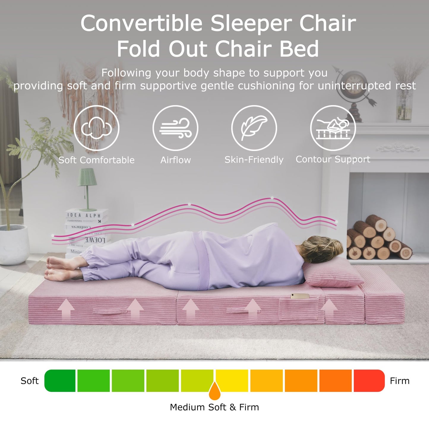 HILERO Folding Sofa Bed, 4 in 1 Convertible Sleeper Chair with Pillow, Single Memory Foam Fold Out Chair Bed, Modern Floor Futon Sofa Couch Mattress for Living Room/Guest/Apartment, Pink