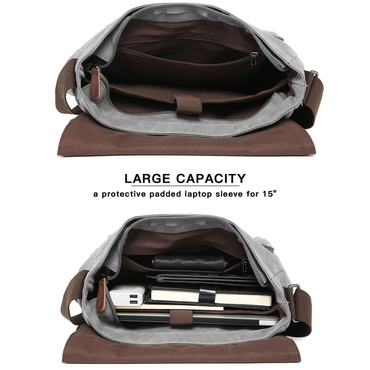 Dasein Large Vintage Canvas Messenger Shoulder Bag, Grey, 15in Laptop