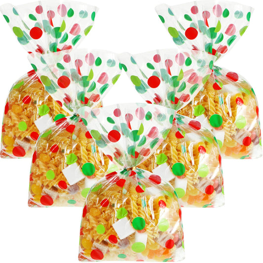 HESTYA 50 Counts 5 x 11 Inches Christmas Flat Clear Cellophane Treat Bags Block Bottom Patterned Storage Sweet Bags Twist Ties for Xmas Party Favor(Green, Red Wave Point)