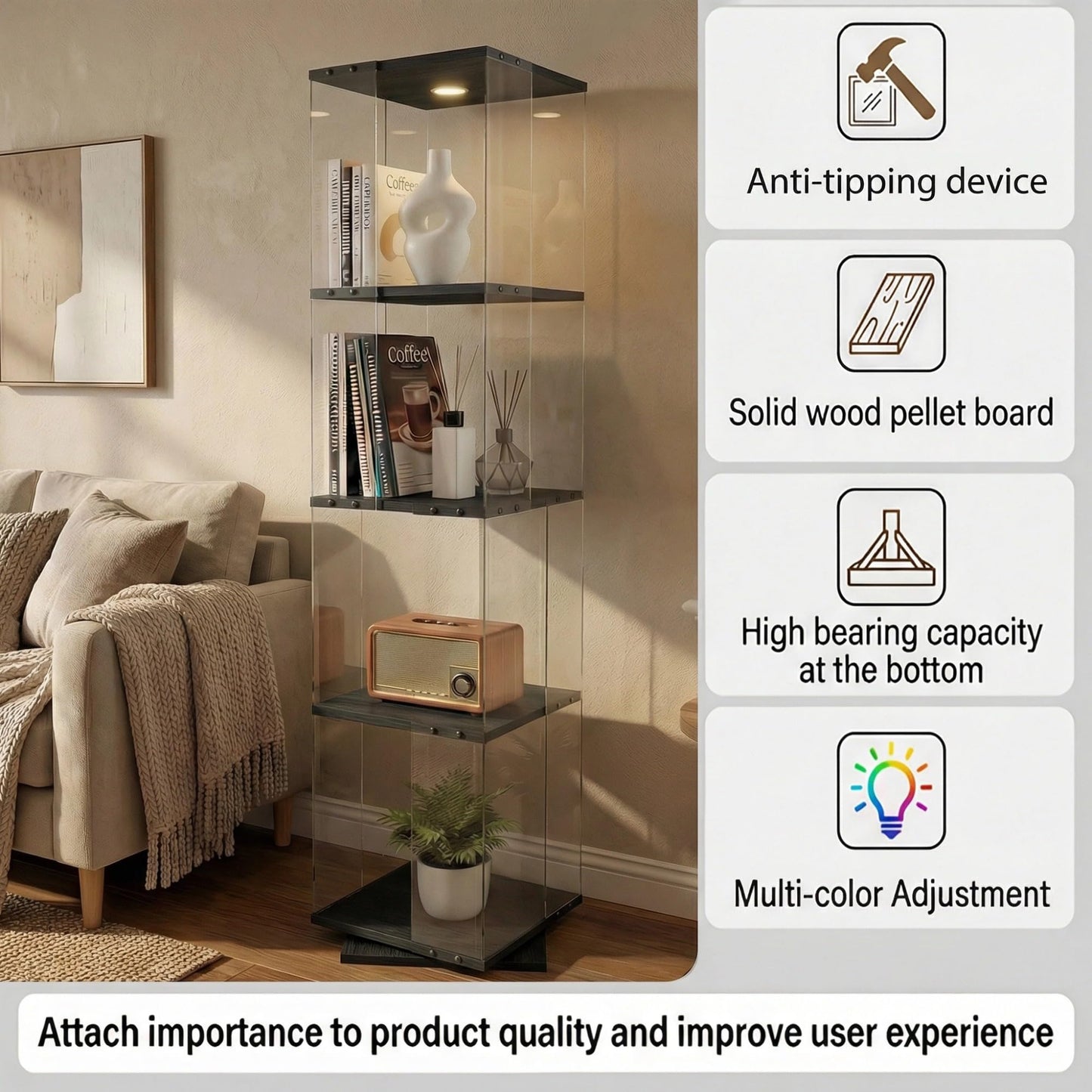 ZIHUASHENG 360° Rotating Glass Display Cabinet with LED Lights, Tempered Glass Curio Cabinet with Rotating Base, Modern Display Case for Collectibles, Figurines, Home Decor-Black
