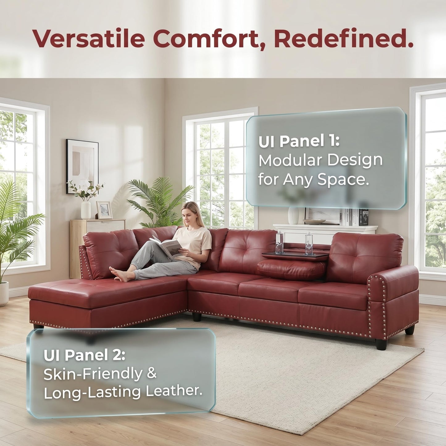 Topcomfy 97.5" Red L Shaped Couch Set Leather, Modular Sectional Couches for Living Room with Storage Ottoman, 4 Seat Home Sofa Living Room Furniture Sets with Chaise for Apartment Office