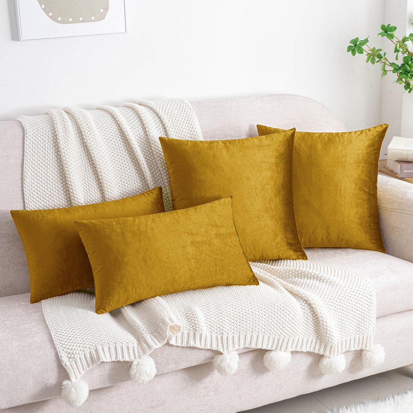 HWY 50 Dark Gold Velvet Throw Pillow Covers 18x18 Inch, Pack of 2 Soft Cozy Solid Decorative Luxury Cushion Cases for Couch Sofa Bed Living Room Bedroom