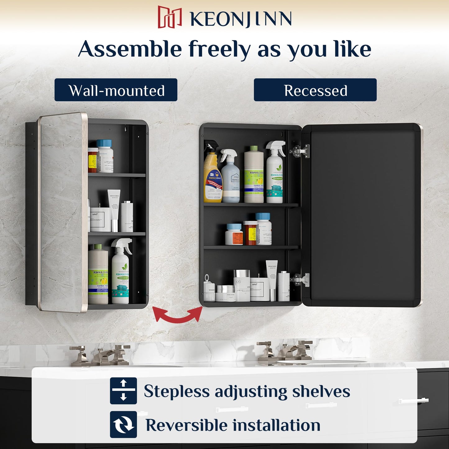 Keonjinn 20 x 26 Inch Brushed Nickel Recessed Medicine Cabinets, Bathroom Mirrored Medicine Cabinet, Brushed Nickel Stainless Steel Framed, Adjustable Shelves, In Wall or Surface Mount, Sturdy, Modern