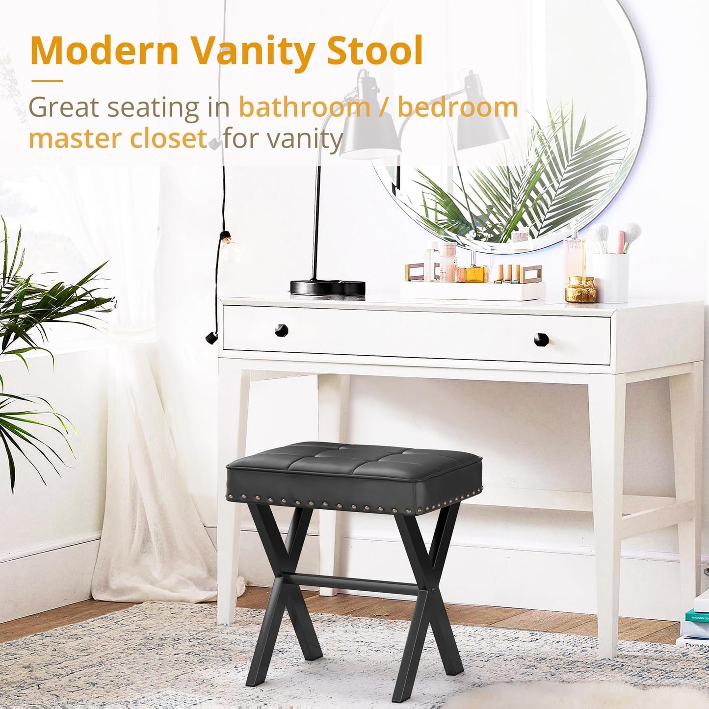 LUE BONA Vanity Stool - Square Faux Leather Makeup Seat With Metal X Legs, Small Ottoman Chair for Makeup Room, Living Room - Modern Padded Foot Rest, Black
