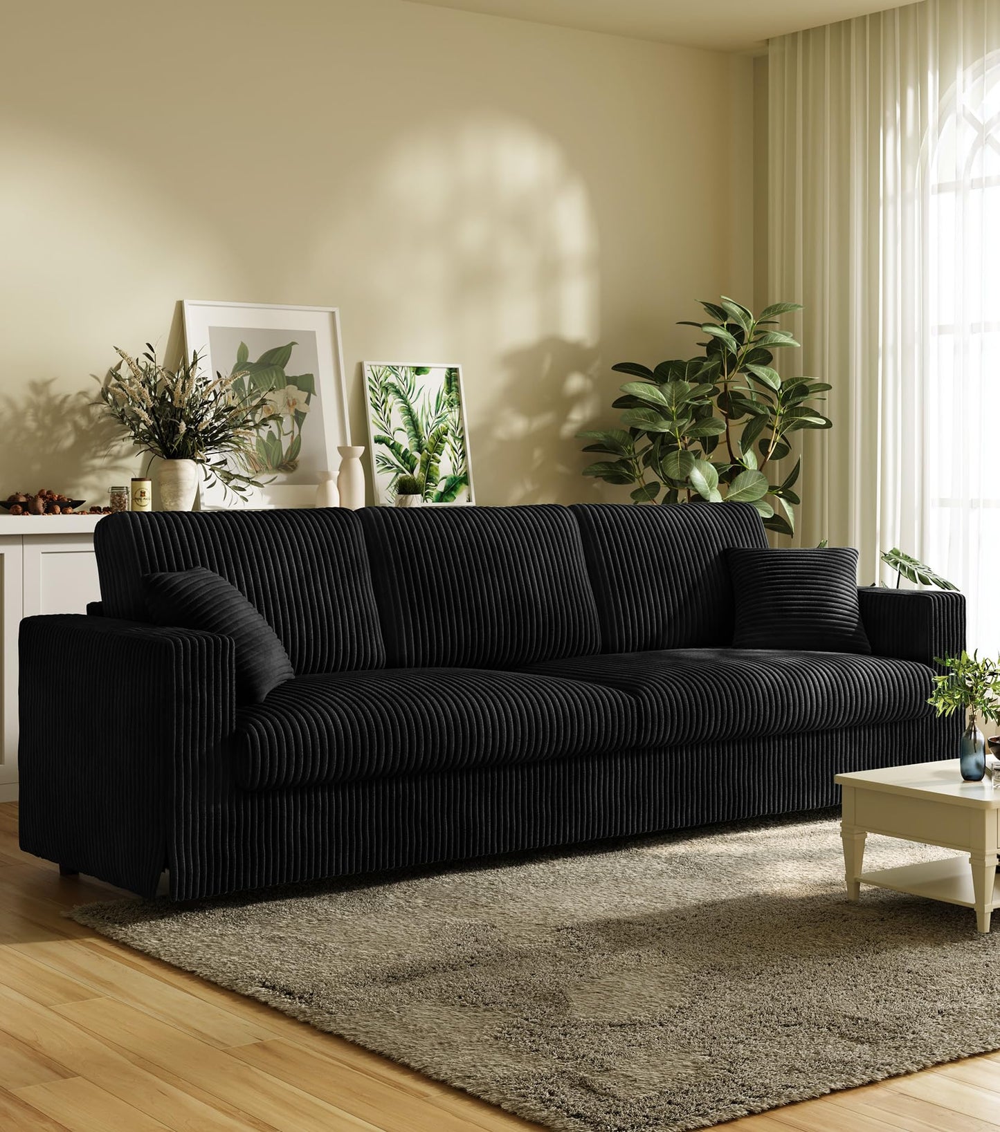 Welzona Plush Corduroy Couch, 101" Comfy Couches for Living Room, Tool-Free Setup Sofas for Living Room 6.3" Extra Wide Armrest, All-Wood Loveseat Sofa Couch for Bedroom/Office, 2 Pillows, Black