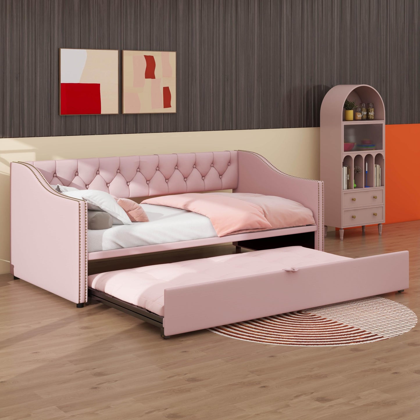 YunNianYang Twin Size Upholstered daybed with Pop Up Trundle (Pink)