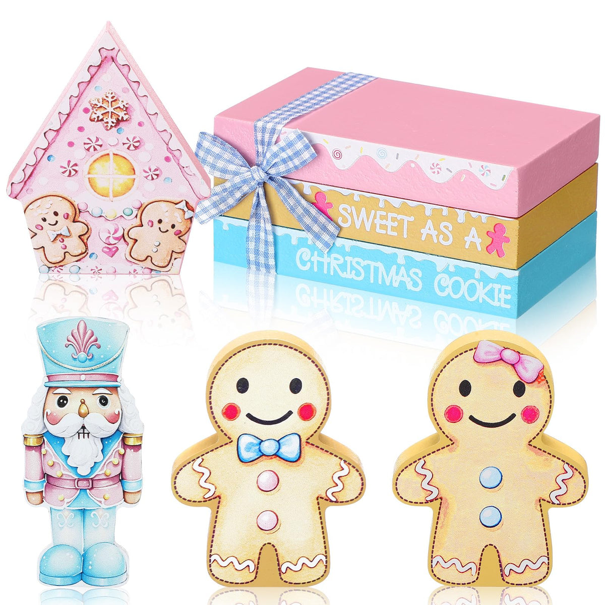 Sivak 6 Pcs Pastel Pink Gingerbread Christmas Decor Gifts, Pastel Pink Christmas Decorations Indoor, Gingerbread House Decorations, Xmas Decor for Farmhouse Home Office Mantel Shelf Table Tiered Tray
