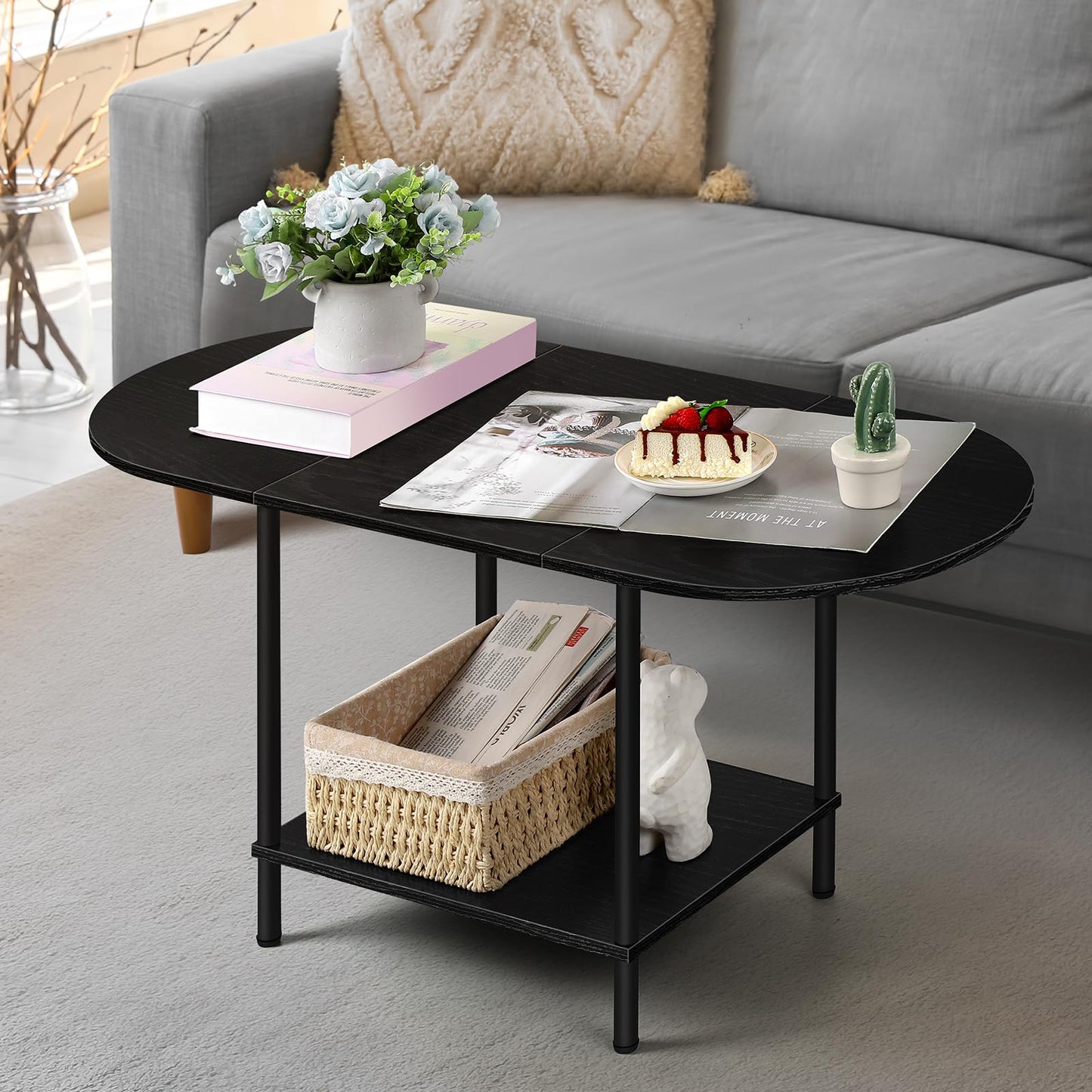 OYEAL Black Coffee Table for Living Room, 2-Tier Small Oval Center Table, Mid Century Farmhouse Round Tea Table with Storage Shelf for Small Space, Home Office, Living Room
