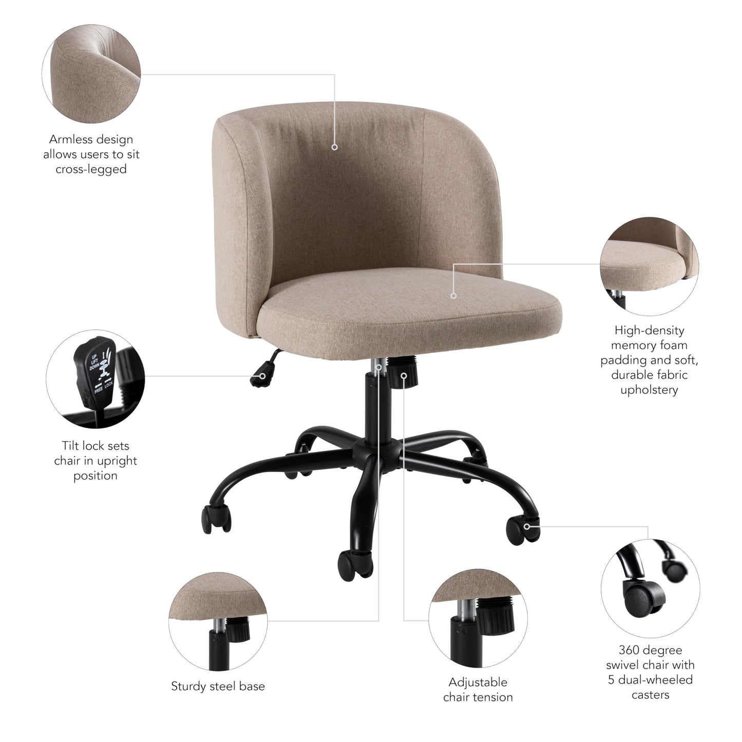 Bush Home Armless Desk Chair for Home Office, Adjustable Seating with Wheels and Swivel Base, Pembroke Collection, Beige Fabric Upholstery