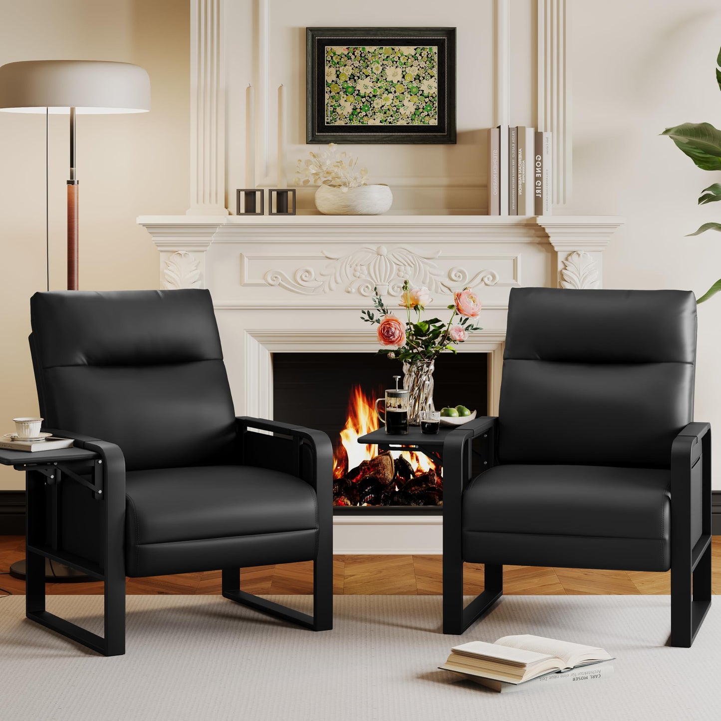 Alunaune Upholstered Living Room Chair Armchair, Mid Century Faux Leather Metal Accent Chair, Reception Couch Slipper Club Lounge Chair Guest Comfy Single Sofa with Sidetable for Bedroom-Black