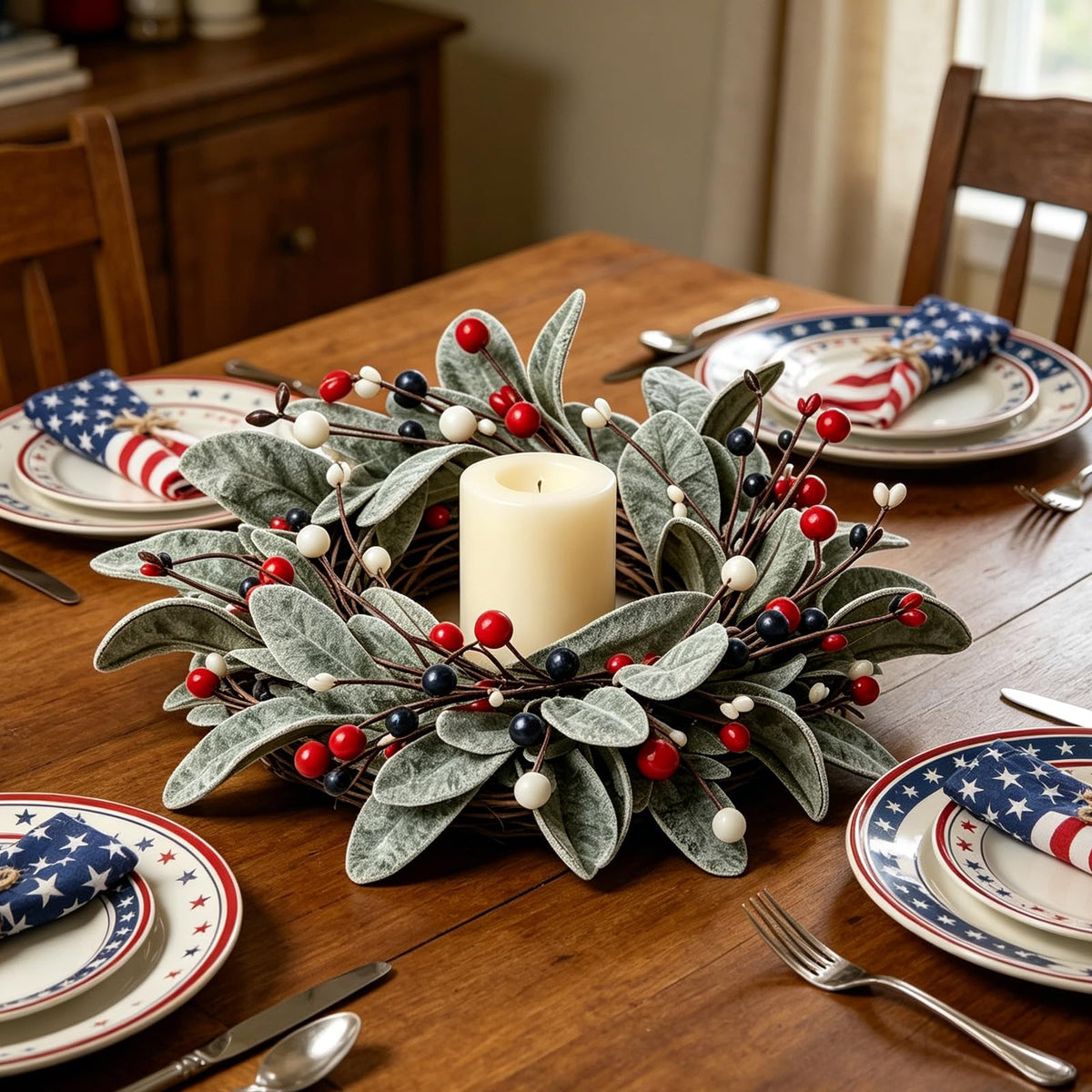 4 PCS Patriotic 4th of July Candle Rings Wreaths Independence Day Candle Rings Holder with Red White Blue Berries & Lamb's Leaves Mini Memorial Day Labor Day Wreath for Home Table Centerpiece Decor