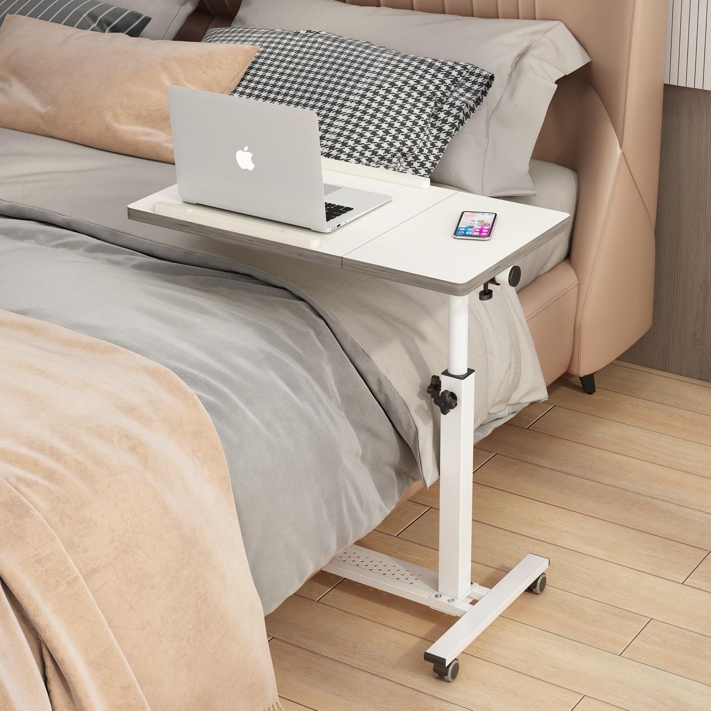 TigerDad Over Bed Table with Wheels Adjustable | Rolling Laptop Table Overbed Desk Hospital Tray Table Sofa Chair Side Table for Home Office (White)