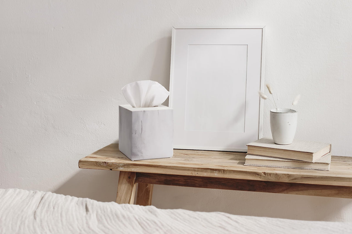 Essentra Home White Marble Square Tissue Box Cover - Blanc Collection