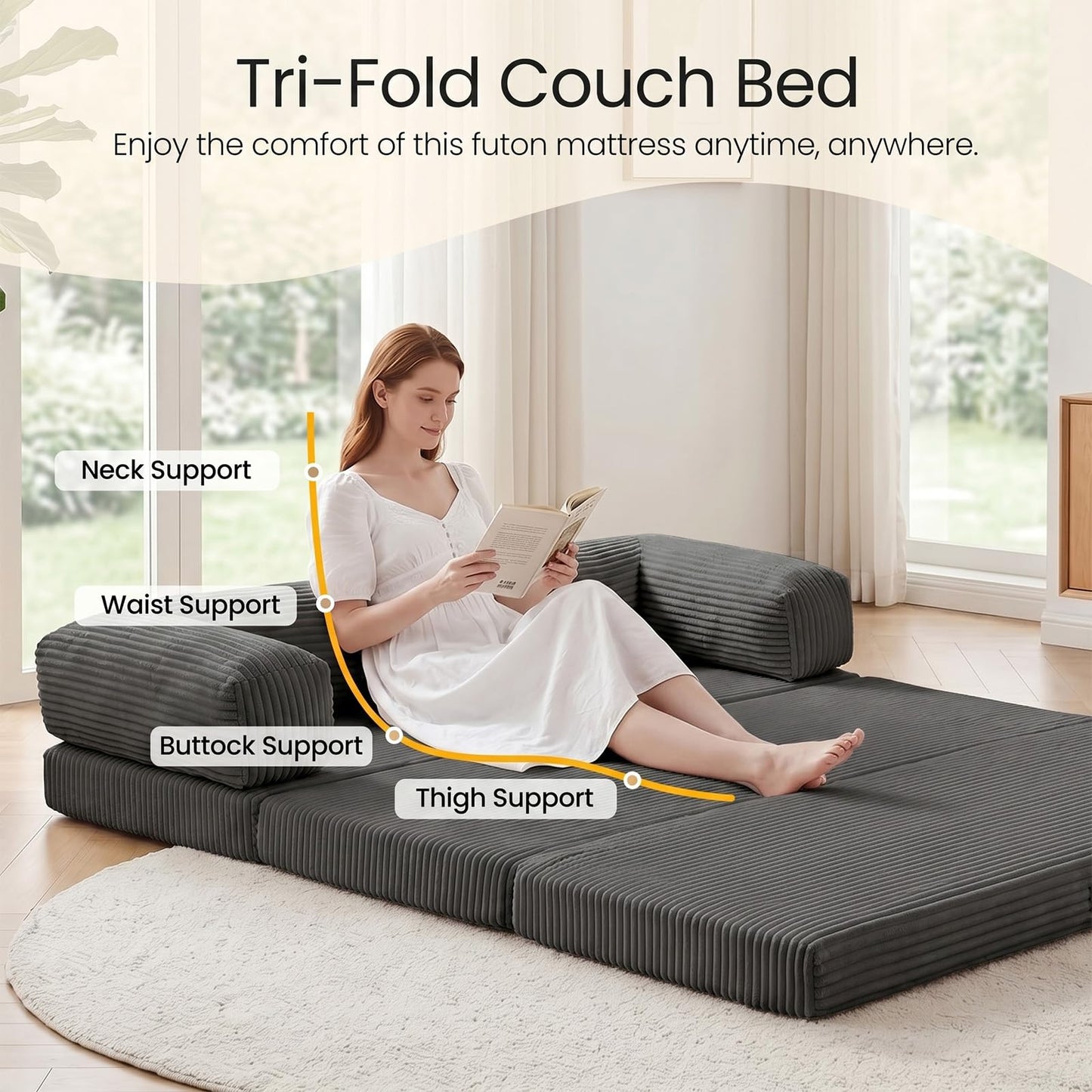 Erament Futon Sofa Bed Queen, Convertible Tri Folding Mattress Couch Bed Foldable with Removable Armrests & Washable Cover, Floor Mattress with High-Density Foam, Small Couch Bed, Queen, Grey