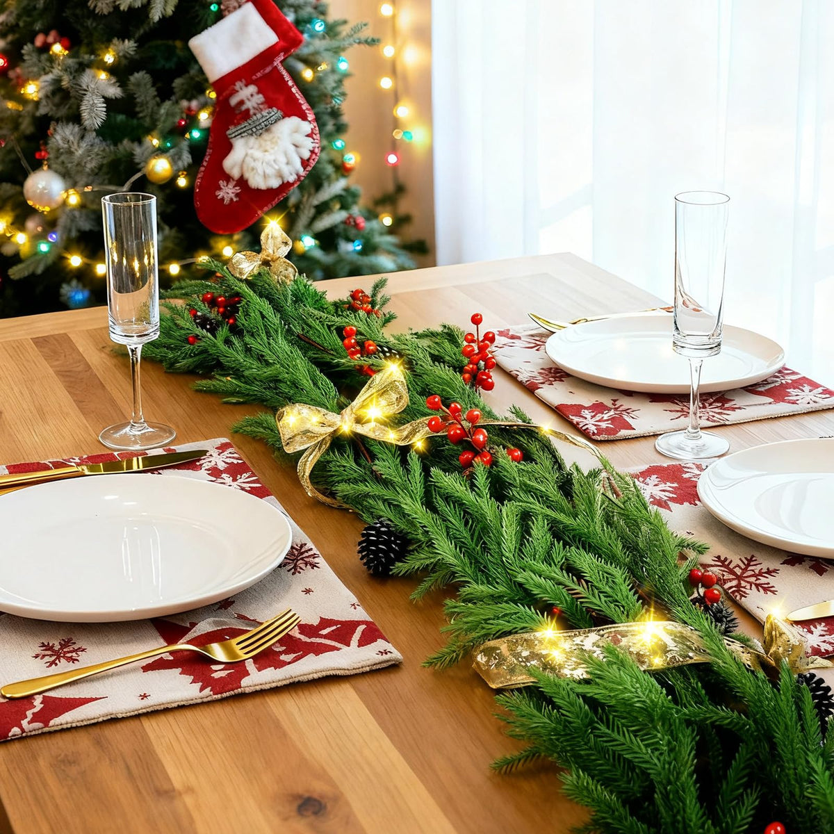 6 FT Christmas Norfolk Pine Garland Real Touch Artificial Greenery Garland Faux Pine Garlands for Mantel Fireplace Table Stairs Indoor Outdoor Christmas Decor, Bonus Gold Ribbon with LED Lights