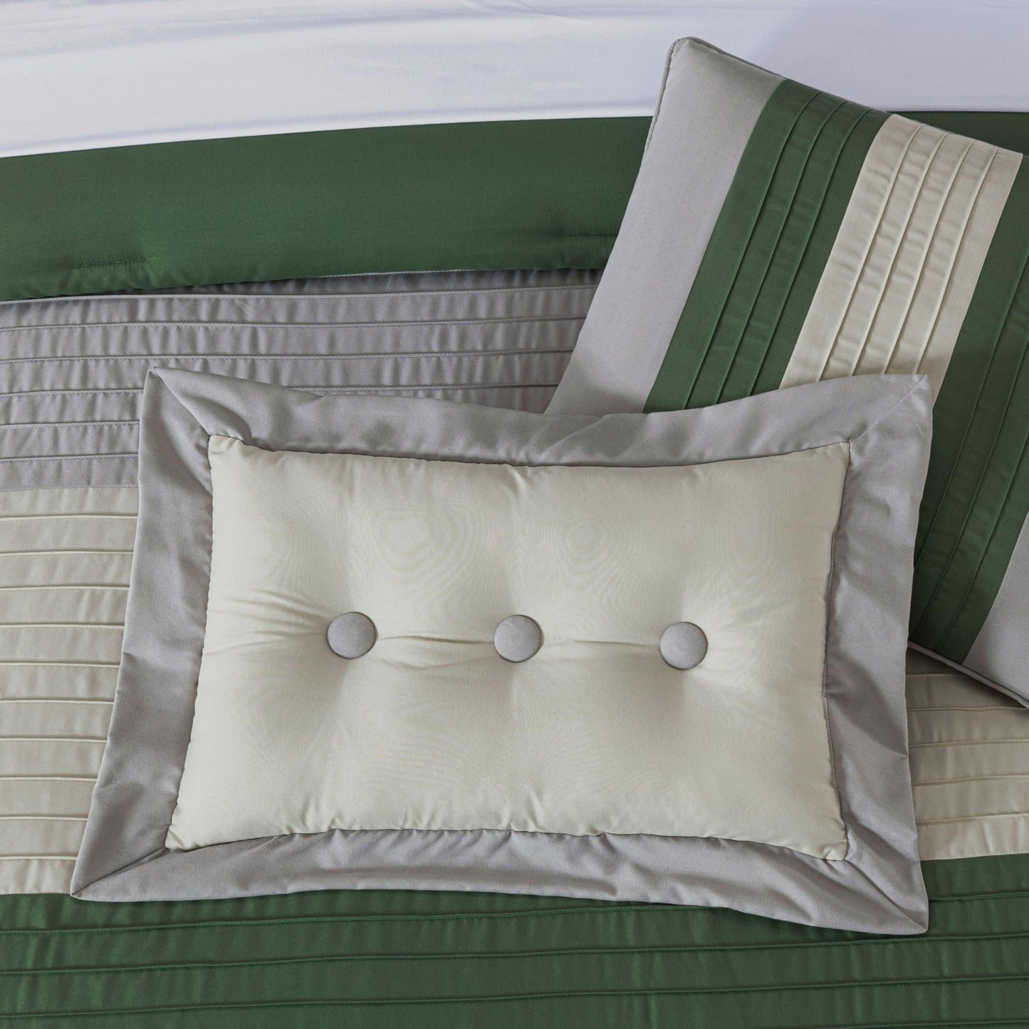 Chezmoi Collection Loft 8-Piece Oversized King Comforter Set, Forest Green/Gray/Cream Luxury Striped Bedding for All Season