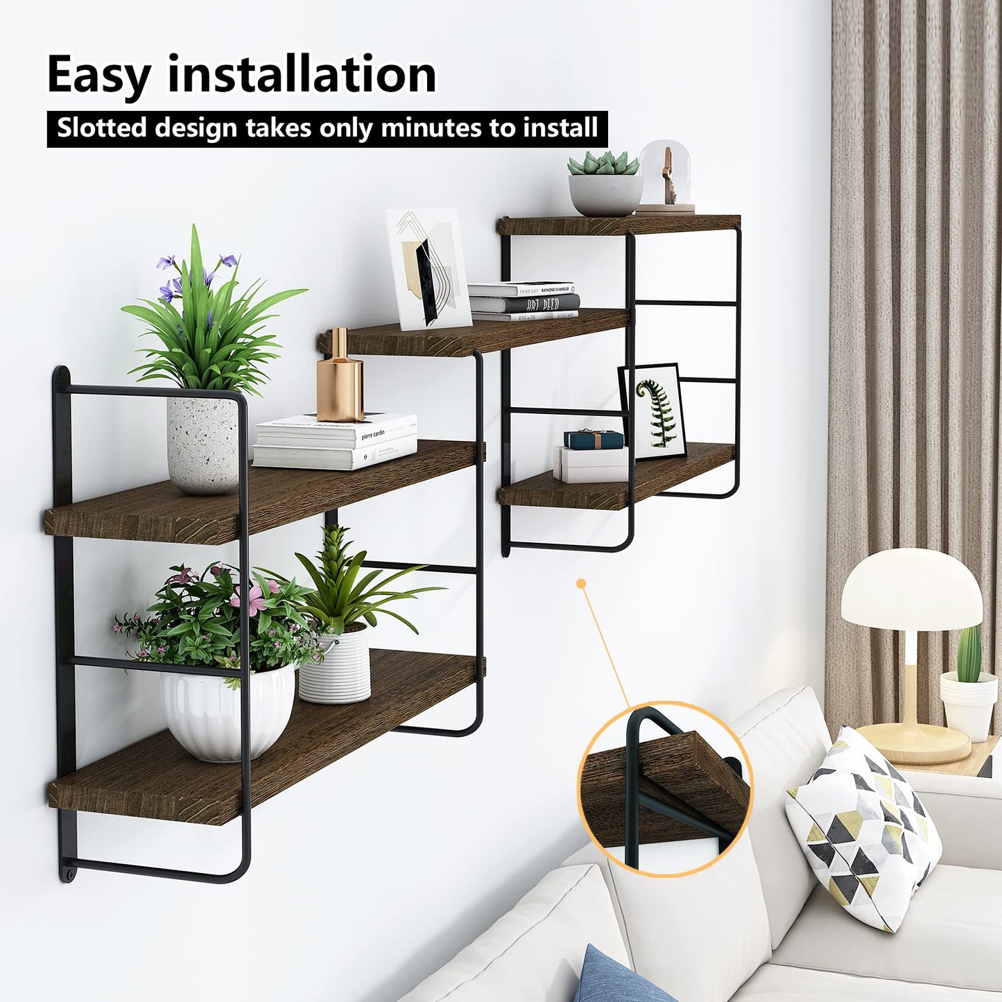MXCSE Wall Shelves, Wall Mounted Bookshelves, DIY Floating Shelves for Wall, Wood Hanging Book Shelves for Room, Bedroom, Living Room, Easy Installation, 5 Shelves (Brown, 50W x 17H)