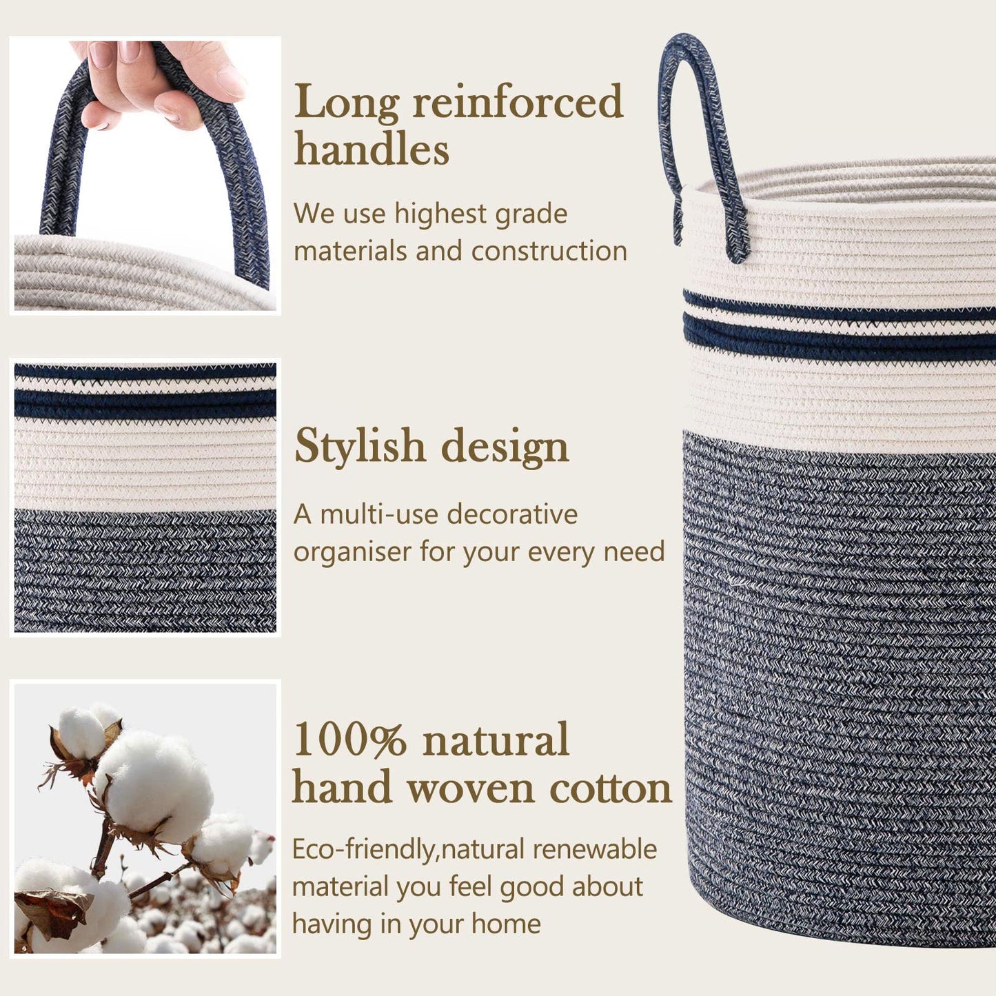Woven Rope Laundry Hamper Basket by YOUDENOVA, 58L Tall Luandry Basket, Baby Nursery Hamper for Blanket Storage in Bedroom-Large-Blue