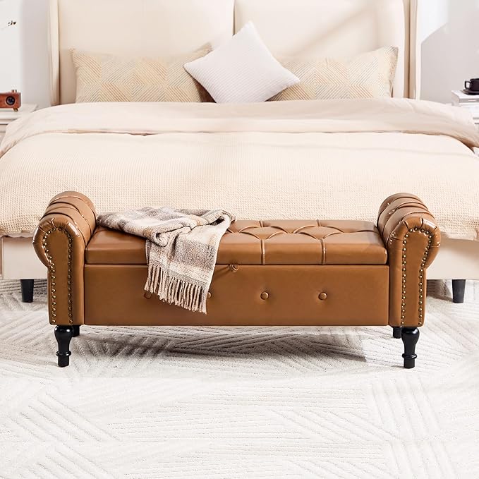 Storage Bench for Bedroom, Faux Leather 51" End of Bed Bench, Queen Size Bench