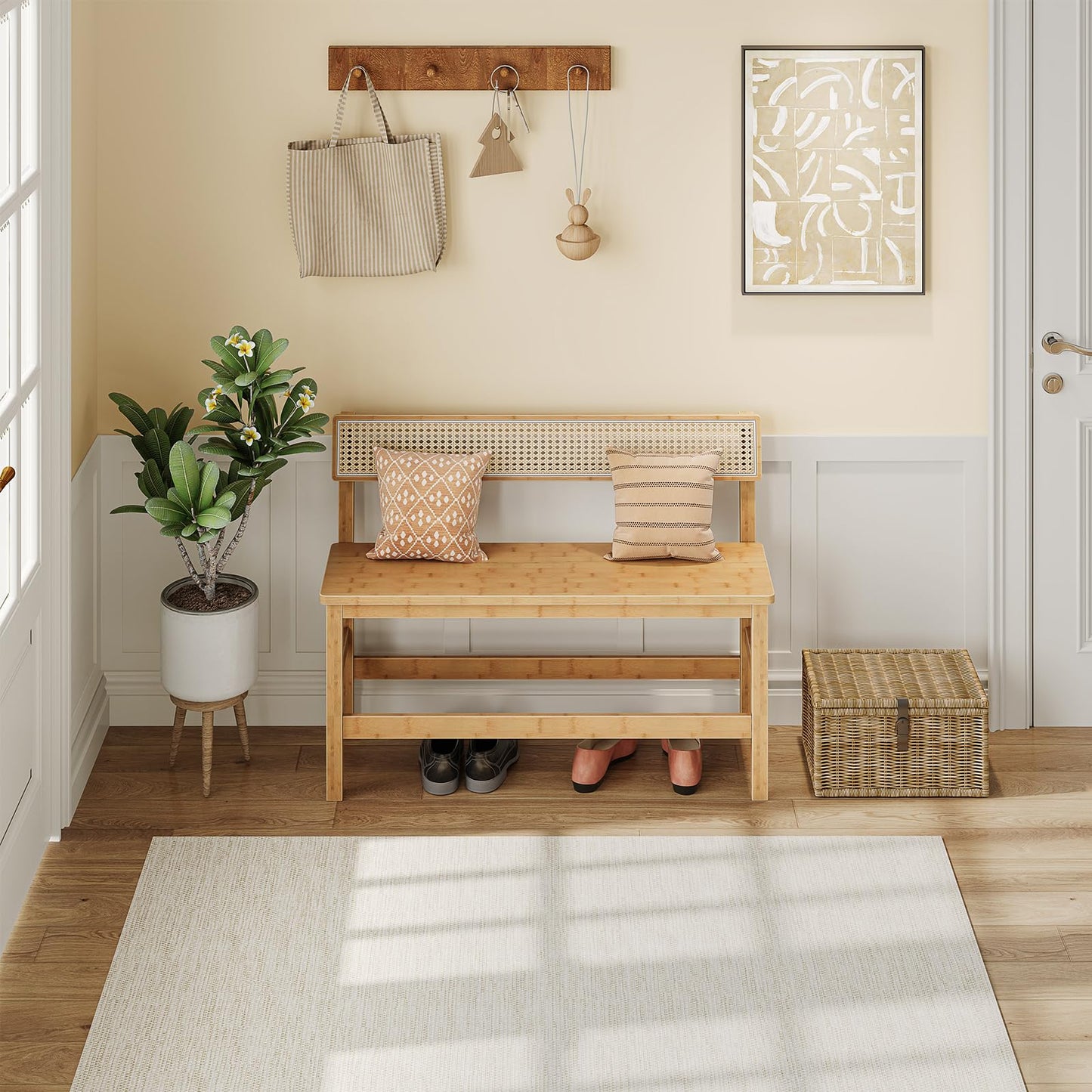 HOOBRO Dining Bench, Bamboo Farmhouse Entryway Bench with Back for Kitchen, Living Room, Bedroom, Easy to Assemble, Sturdy and Stable, Natural YL05CD01