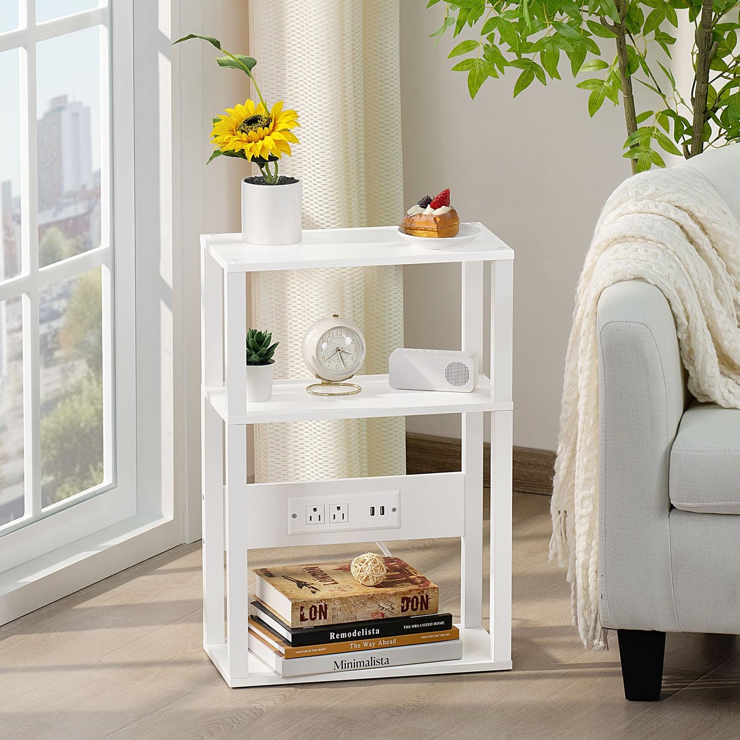 YUFAM 3-Tier Small Narrow Wood Side Table Set of 2 with Charging Station - Skinny Nightstand for Small Spaces, Slim Bedside Table with USB Ports and Outlets - Thin End Table with Storage, White