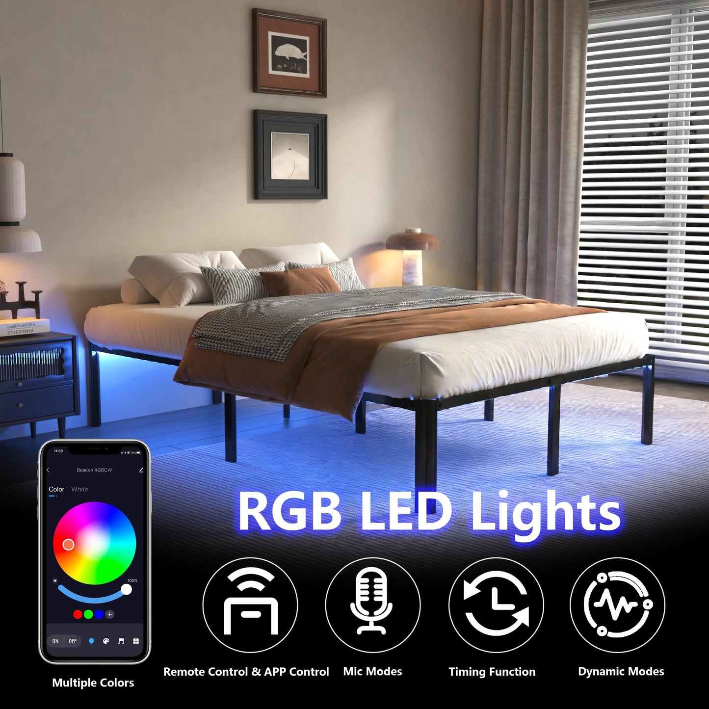 DORITRON Full Size Bed Frame with Led Lights, 14 inch Heavy Duty Metal Platform Bed Frame Full Size with Charging Station, No Box Spring Needed, Noise-Free