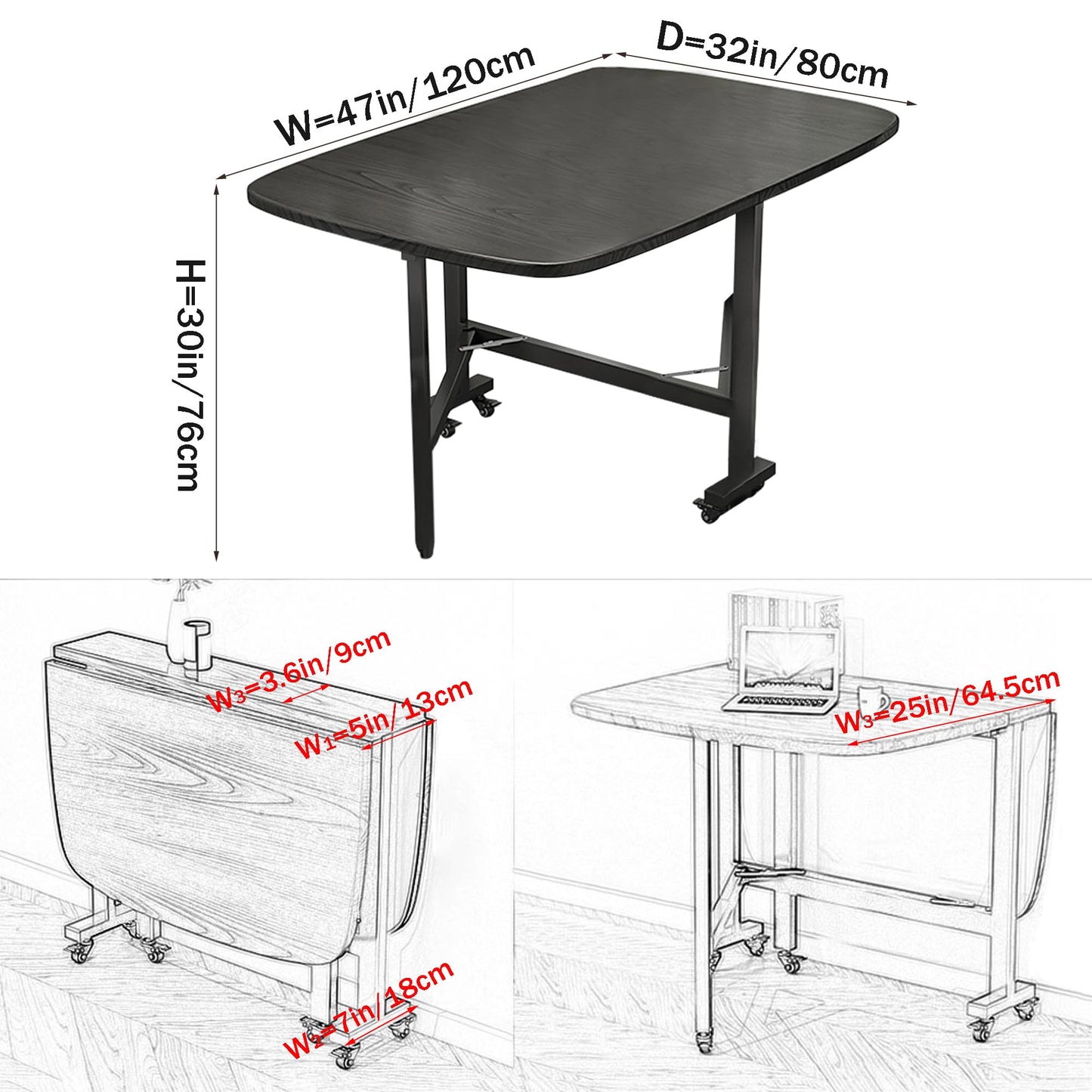 Rukulin Multifunction Table Drop Leaf Dining Table - 47" Wooden Foldable Kitchen Table with 6 Wheels (Black)
