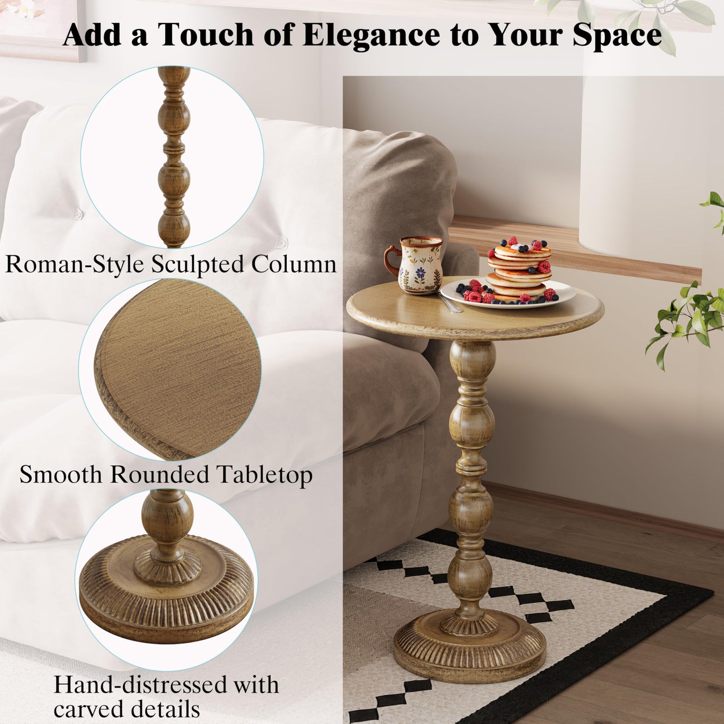 FormaCraft Small Round Metal Side Table, Lightweight Antique Accent Table,Retro Round Drink Table,Small Pedestal Table for Living Room, Bedroom, Corners (1, Antique Gold)
