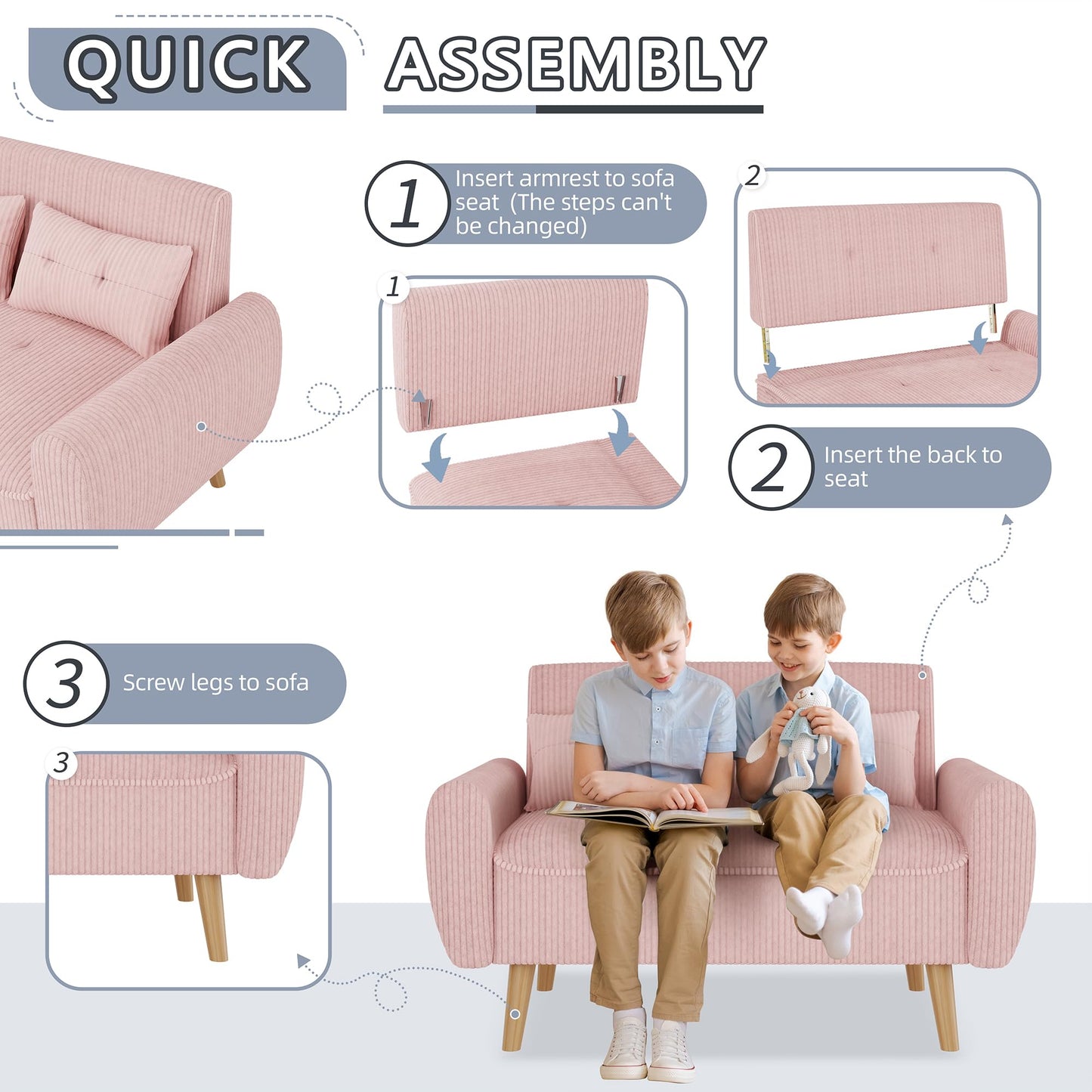 Shintenchi 48'' Loveseat Sofa, Mid-Century Modern Upholstered Couch Deep Seat with 2 Pillows, 10" Thick Cushion with Spring, Solid Wood Frame Small Couch for Living Room, Bedroom, Dorms & Office, Pink