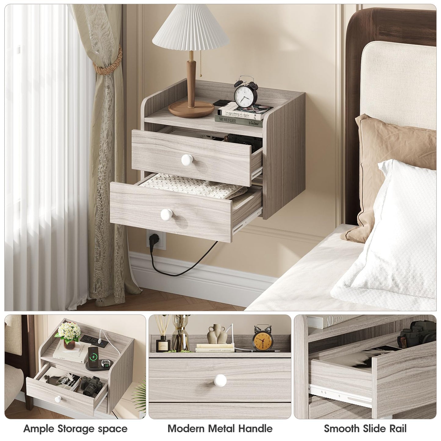 Vabches Floating Nightstand Set of 2 with 2 Storage Drawers and Charging Station Wood Wall Mounted Bedside End Table Modern Night Stands Set 2 for Bedroom,Small Space,Grey