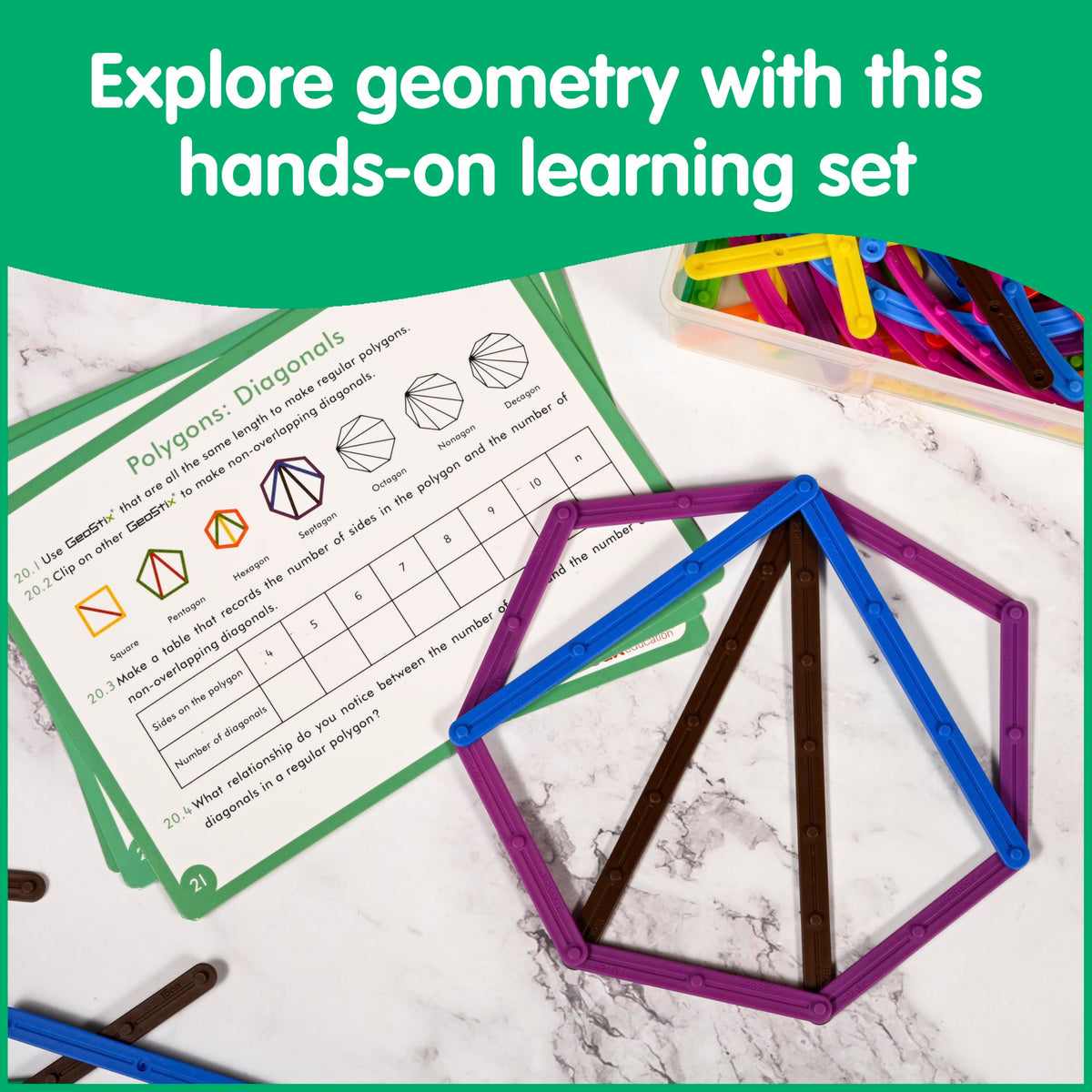 edxeducation GeoStix Deluxe Set | Teach Geometry | 100 Construction Sticks, 2 Protractors, Activity Cards | Manipulative for Math, Art and Fine Motor Skills